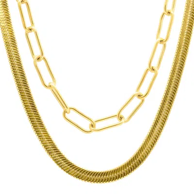 ADORNIA TARNISH RESISTANT 14K GOLD PLATED SET OF HERRINGBONE AND PAPER CLIP NECKLACES
