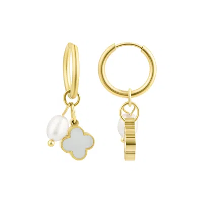 Adornia Tarnish Resistant 18k Gold Plated Freshwater Pearl Clover Hoop Earrings In White