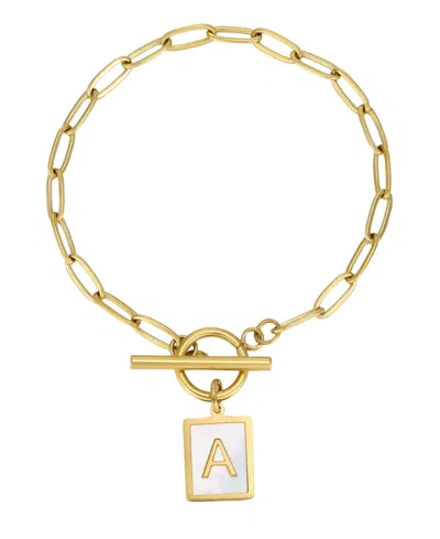 Adornia Tarnish Resistant Gold Imitation Pearl Initial Toggle Bracelet In White-a