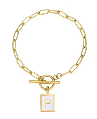 Adornia Tarnish Resistant Gold Imitation Pearl Initial Toggle Bracelet In White-p