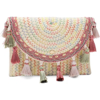Adornia Tassel Raffia Convertible Clutch In Tan