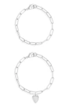 Adornia Tarnish Resistant Silver Plated Heart Paper Clip Chain Bracelet Set In Silver