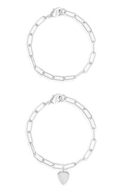 ADORNIA ADORNIA WATER RESISTANT PAPERCLIP CHAIN HEART CHARM BRACELET SET