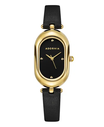 Adornia Women's Gold Milan Black Leather Band And Black Face Watch