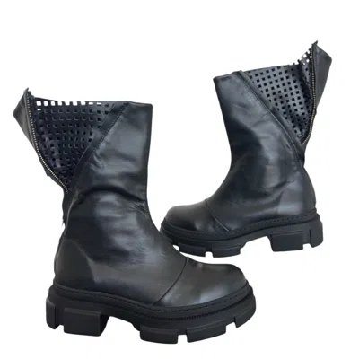 Adrenaline Fashion Black Leather Perforated Ankle Boots – Handmade Designer Women's Shoes, Chunky Sole, Modern Edgy Sty