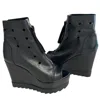 Adrenaline Fashion Black Women's Summer Leather Wedge Boots – Handmade Genuine Leather Open Toe Ankle Boots With Front  In Black