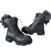 Adrenaline Fashion Designer Black Leather Ankle Boots With Chunky Sole And Statement Perforated Ruffle In Black