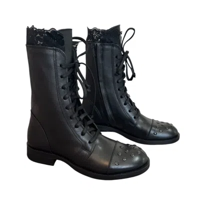 Adrenaline Fashion Designer Genuine Leather Black Studded Lace-up Women's Boots With Lace Detail