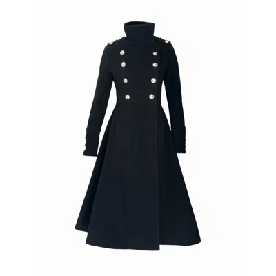 Adrenaline Fashion Long Black Wool Coat Elegant Military Style Winter Overcoat Double Breasted High Neck Warm Outerwear