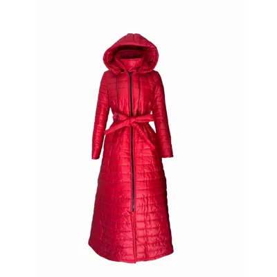 Adrenaline Fashion Long Red Puffer Coat Women's Quilted Winter Jacket With Hood And Belt Warm Elegant Outerwear