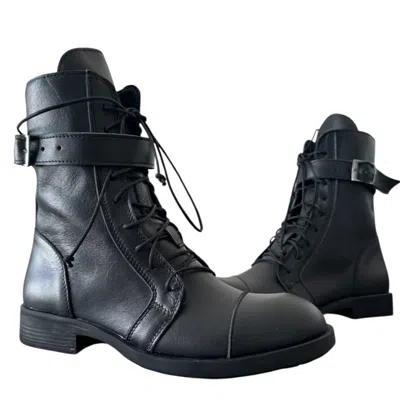 Adrenaline Fashion Luxury Women's Black Leather Boots – Handmade Designer Ankle Boots With Buckle Strap And Laces – Lim
