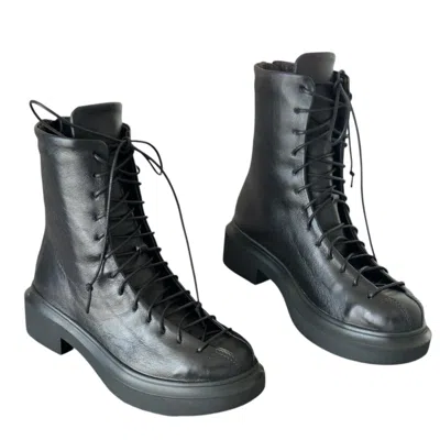 Adrenaline Fashion Women's Black Leather Boots – Handmade Designer Lace-up Boots With Chunky Sole