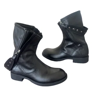 Adrenaline Fashion Women's Black Leather Boots With Zipper And Metal Stud Strap – Handmade Designer Combat Style Boots