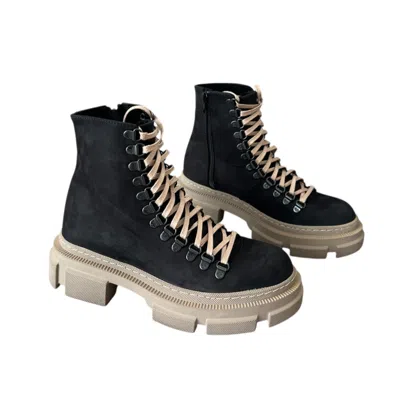 Adrenaline Fashion Women's Designer Genuine Leather Black Chunky Lace-up Ankle Boots With Beige Sole