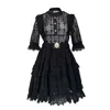Adrenaline Fashion Women's Designer Short Black Lace Dress – Luxury Cocktail Dress With Ruffles, Buttons And Cotton Lin In Black