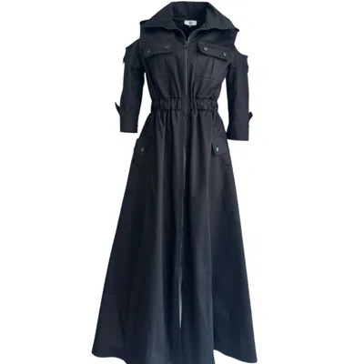Adrenaline Fashion Women's Elegant Black Maxi Dress With Shoulder Cut-outs, Belted Waist And Flared Hem In Blue