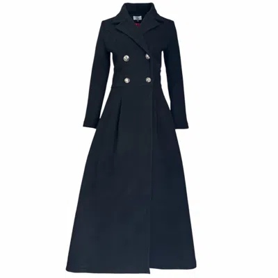 Adrenaline Fashion Women's Elegant Long Black Wool Coat With Luxury Red Lining And Double-breasted Buttons In Blue