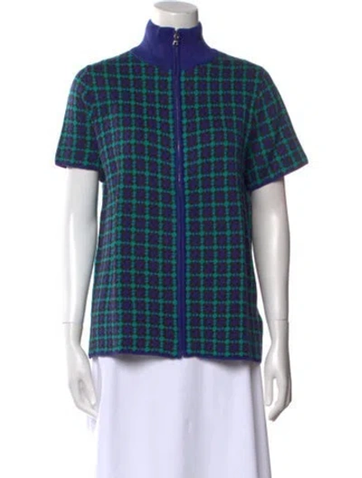 Pre-owned Adrian Cashmere Plaid Print Mock Neck Button-up Top In Purple