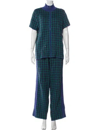 Pre-owned Adrian Cashmere Plaid Print Pantsuit In Blue