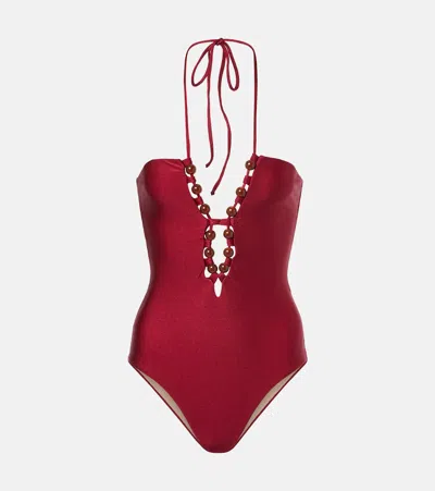 Adriana Degreas Beaded Halterneck Swimsuit In Burgundy