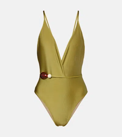 Adriana Degreas Belted Embellished Swimsuit In Green