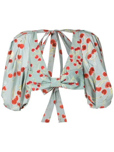 Adriana Degreas Cherry-print Bow Crop Top In Blue