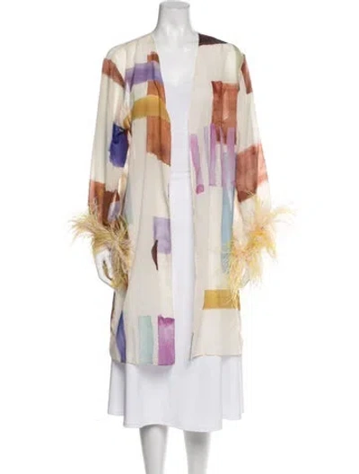 Pre-owned Adriana Degreas Colorblock Pattern Feather Trim Robe In Neutral