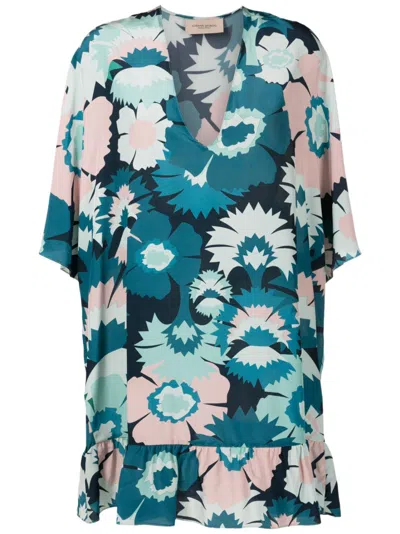 Adriana Degreas Floral-print Silk Dress In Blue