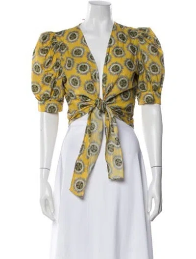 Pre-owned Adriana Degreas Floral Print V-neck Crop Top In Yellow