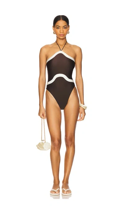 Adriana Degreas Giardino High-leg Halterneck Swimsuit In Coffee & Off White