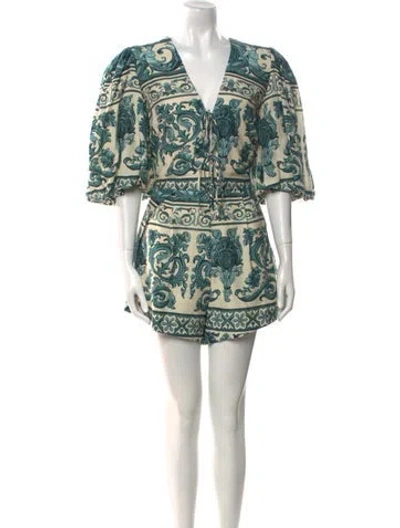Pre-owned Adriana Degreas Printed V-neck Romper W/ Tags In Blue