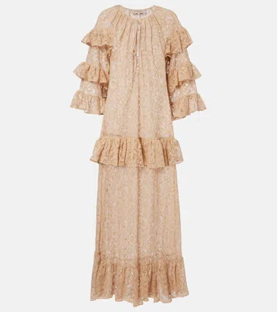Adriana Degreas Ruffled Lace Maxi Dress In Brown