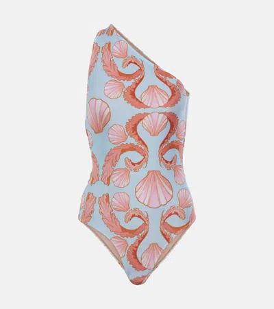 Adriana Degreas Seashell One-shoulder Swimsuit In Blue