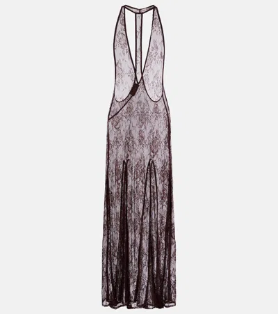 Adriana Degreas Sheer Open-back Lace Maxi Dress In Brown