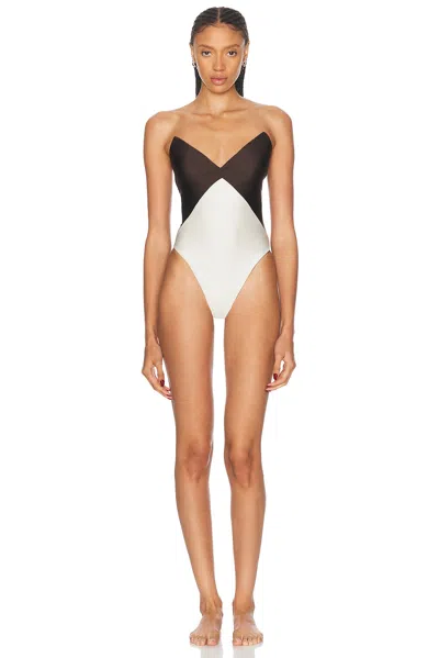 Adriana Degreas Solid Bicolor Strapless One Piece Swimsuit In Off White & Coffee