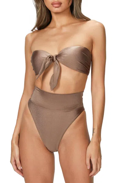ADRIANA DEGREAS SOLID HIGH-LEG STRAPLESS BIKINI SET IN NUT BROWN