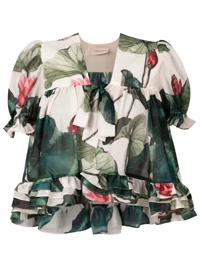 Adriana Degreas Vitoria Regia-print Ruffled Top In Neutrals