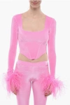 ADRIANA HOT COUTURE BUSTIER CHENILLE BUSTIER TOP WITH FAUX FEATHER ON THE SLEEVE