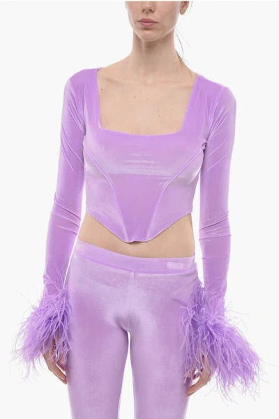 Adriana Hot Couture Bustier Chenille Bustier Top With Faux Feather On The Sleeve In Purple