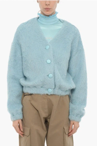 Adriana Hot Couture V-neck Solid Color Fluffy Cardigan In Blue