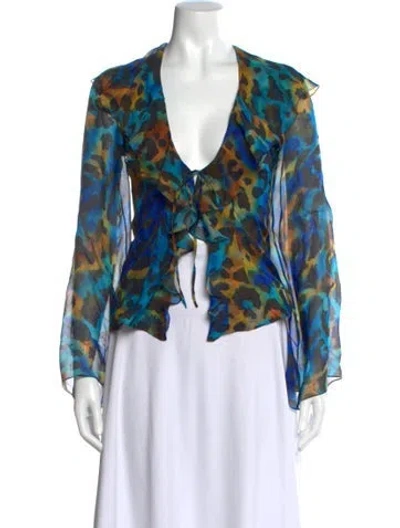 Pre-owned Adriana Iglesias Silk Animal Print Blouse In Blue