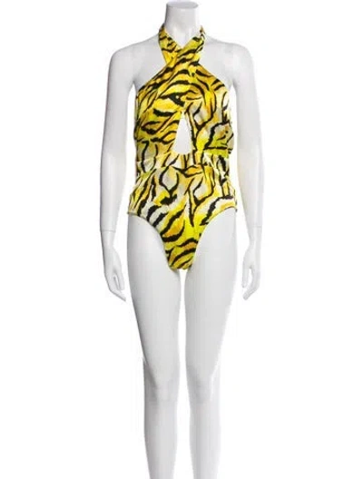 Pre-owned Adriana Iglesias Silk Printed Bodysuit In Yellow