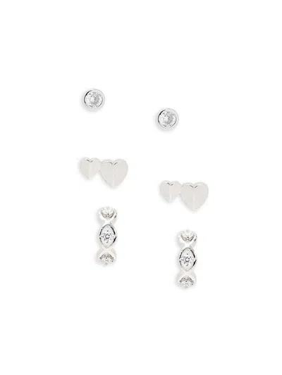 Adriana Orsini Women's Set Of 3 Rhodium Plated & Cubic Zirconia Heart Earrings Set In Brass