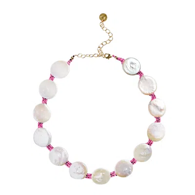 Adriana Pappas Designs Women's Coin Pearl Choker On Colored Cord - Hot Pink