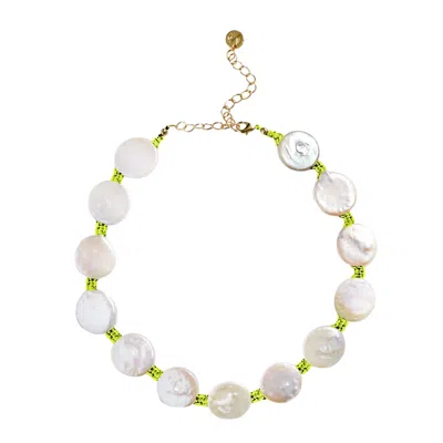 Adriana Pappas Designs Women's Coin Pearl Choker On Colored Cord - Neon Yellow