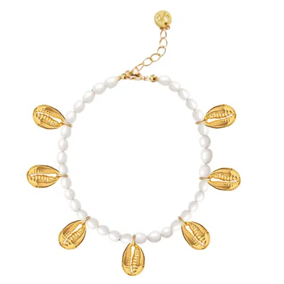 Adriana Pappas Designs Women's White Pearl & Gold Shell Charms Anklet - Gold Plated