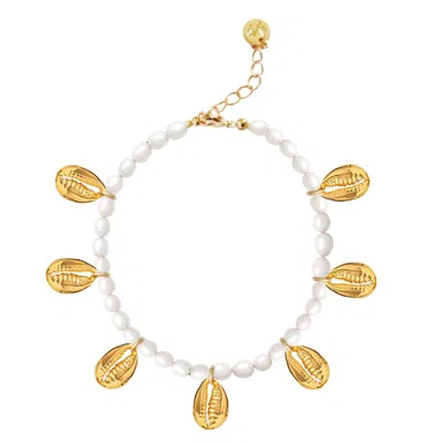 Adriana Pappas Designs Women's White Pearl & Gold Shell Charms Anklet - Golf Filled
