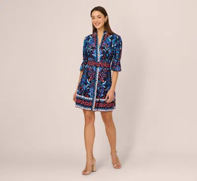 Adrianna By Adrianna Papell Abstract Print Button Down Dress With Three Quarter Bell Sleeves In Navy Multi In Blue