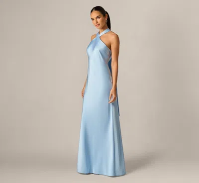 Adrianna By Adrianna Papell Bias Cut Stretch Satin Scarf Halter Gown In Azure Blue