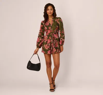 Adrianna By Adrianna Papell Bishop Sleeve Button Front Floral Romper In Olive Multi